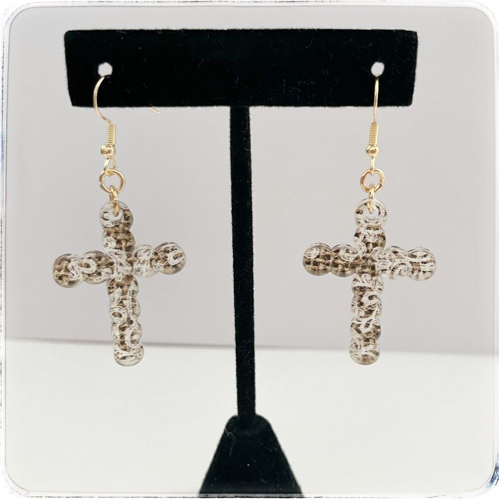Handmade burlap and lace acrylic Cross earrings